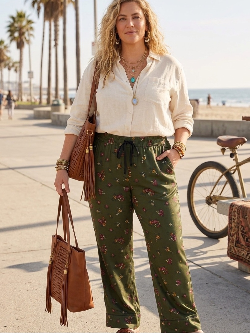 Green tiger Floral Satin like Wide Leg Pants 22